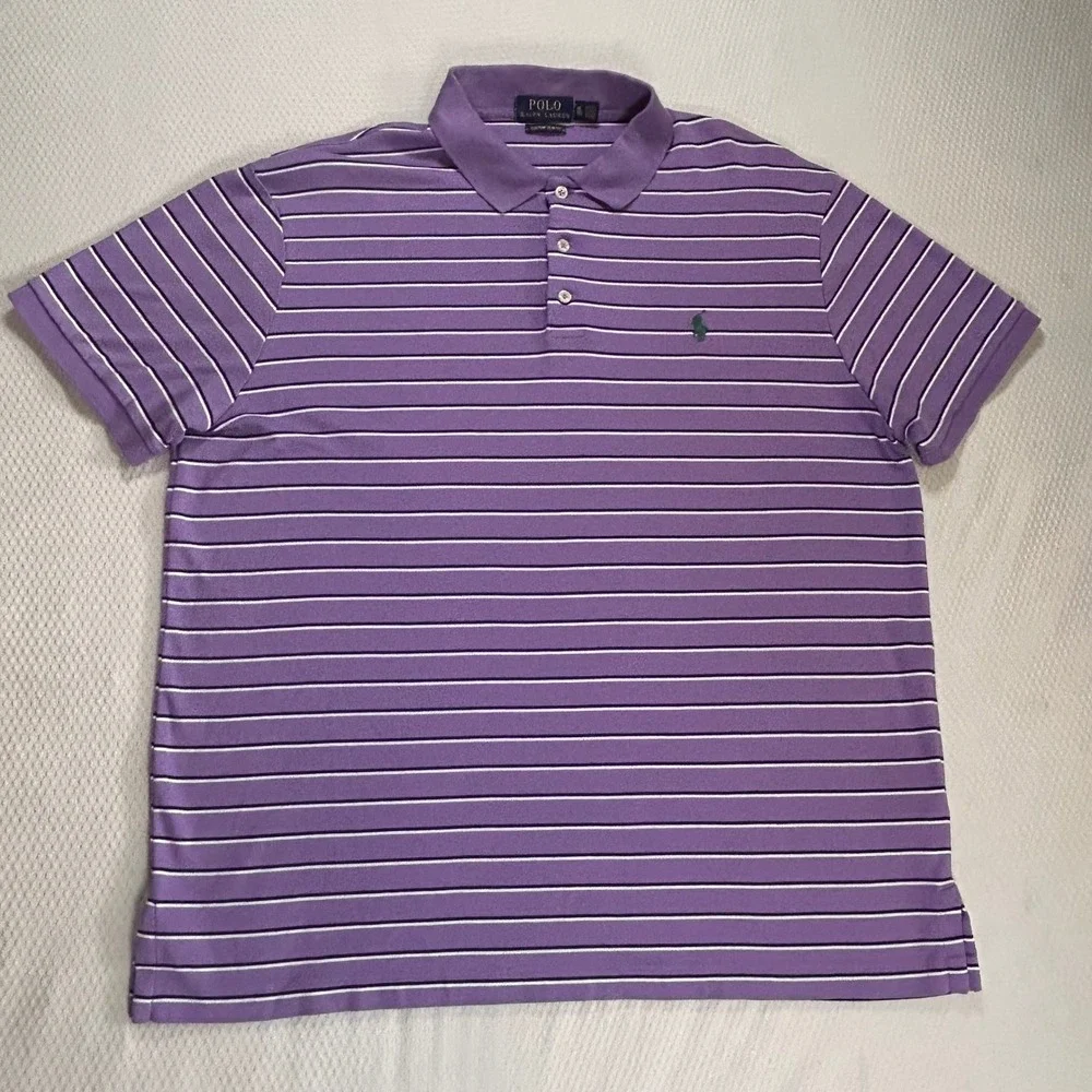 Polo Ralph Lauren Mens XL Custom Slim Fit Striped Polo Shirt Purple White Navy